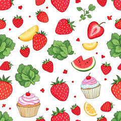 a variety of fruits and desserts, including strawberries, bananas, watermelon, lemon, and cupcakes, arranged in a repeating design.