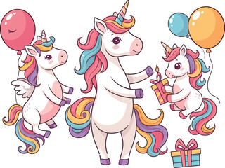 Adorable Unicorns with Rainbow Manes, Balloons, and Gifts Birthday Party Design