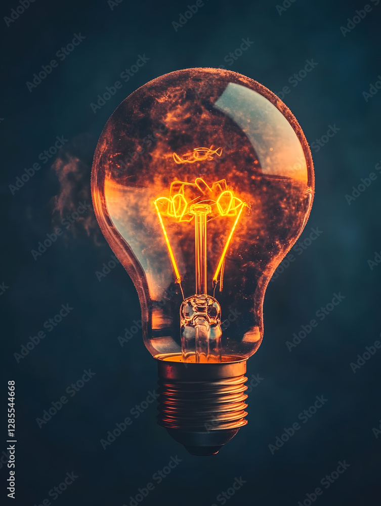 Aufkleber illuminated bulb with glowing filaments in a dark atmospheric setting : generative ai