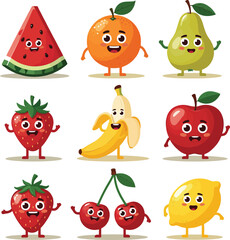 Adorable Fruit Characters Cartoon Illustrations of Watermelon, Orange, Pear, Strawberry, Banana, Apple, Cherry, Lemon