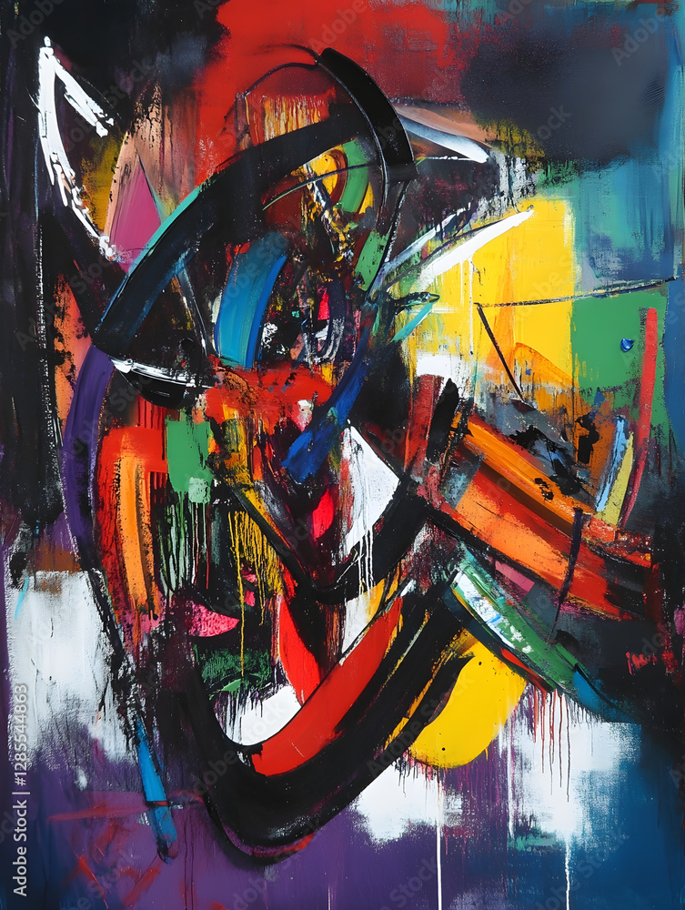 Poster dynamic abstract art with bold colors and energetic brushstrokes on canvas : generative ai