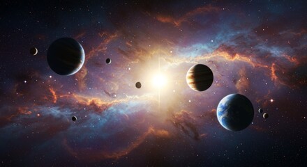 Naklejka premium Cosmic ballet of exoplanets amidst a vibrant stellar nursery scene
