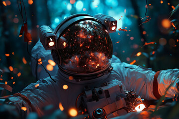 A surreal, dreamlike artwork portraying a cosmonaut in a spacewalk, floating near a colossal moon with swirling galaxies around.