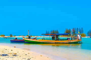 Fototapeta premium Pakarang Cape tropical beach fishing boat boats Khao Lak Thailand.