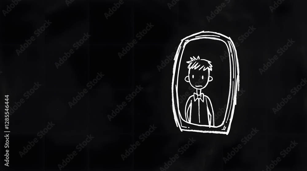 Poster drawing of a man in a mirror on a black background. generated by ai