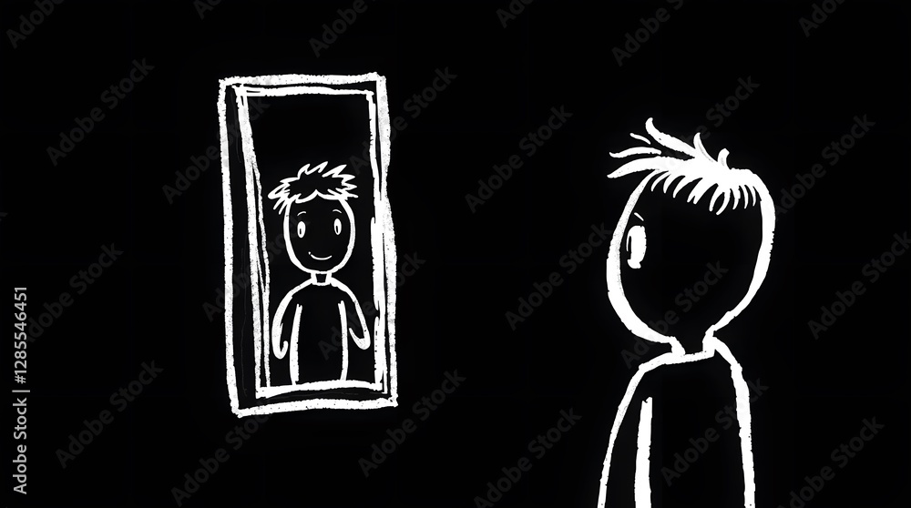 Poster drawing of a man in a mirror on a black background. generated by ai