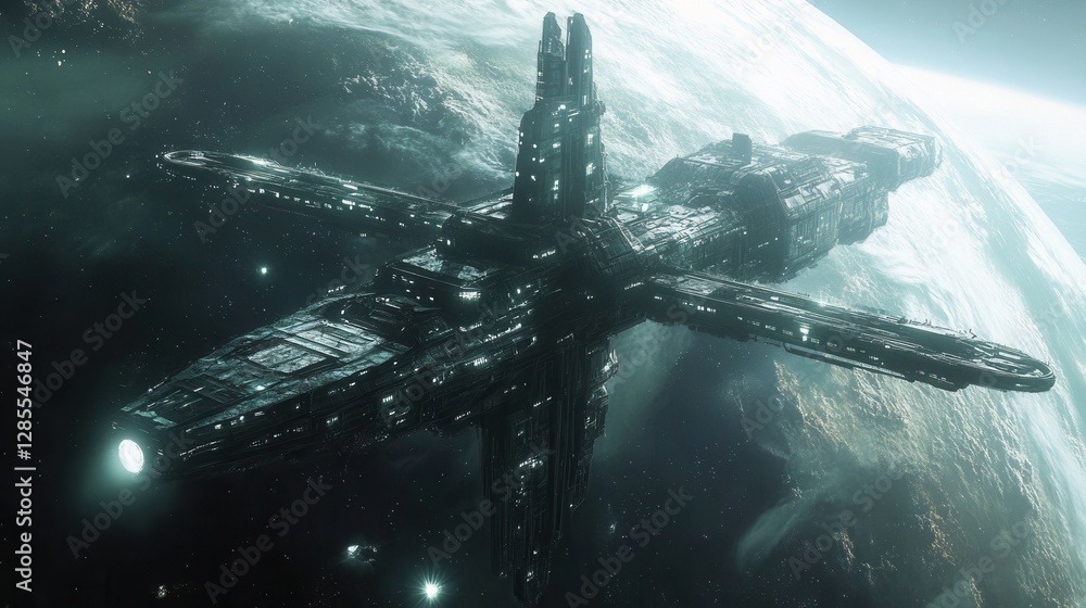 Canvas Prints futuristic space station orbiting a planet with vast galaxy as background