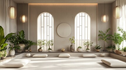 Fototapeta premium Serene Minimalist Interior with Natural Light and Greenery Design