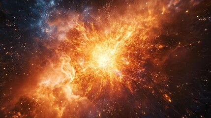 Naklejka premium Explosive Cosmic Burst Illuminating Vastness of Space with Fiery Colors and Twinkling Stars