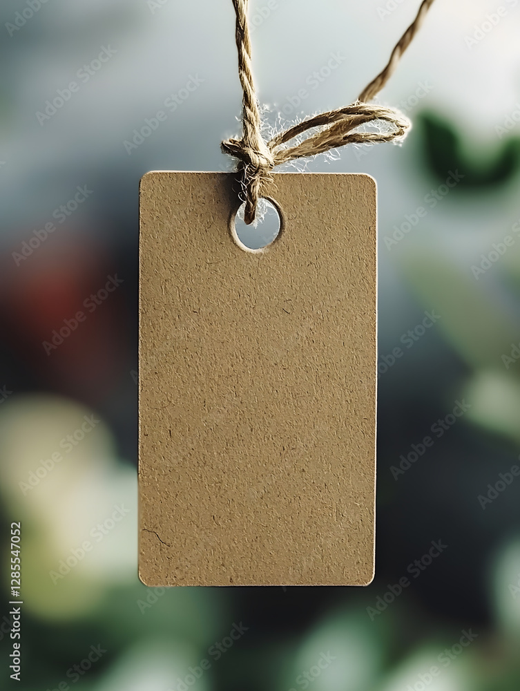 Poster blank cardboard tag with twine on blurred green background : generative ai