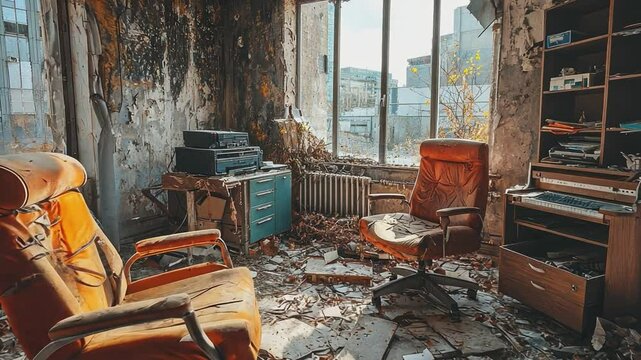 Decaying Interior: The remnants of a building's interior after it has undergone extensive decay. Showing the aftermath of destruction with broken furniture and exposed walls.