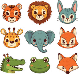 Adorable Animal Faces Cartoon Style Illustrations for Kids