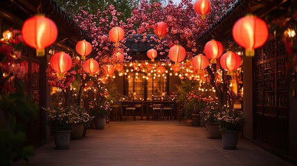 Obraz premium Elegant festive Chinese lanterns and floral decorations create a vibrant atmosphere, perfect for celebrations, cultural events, and festive gatherings.