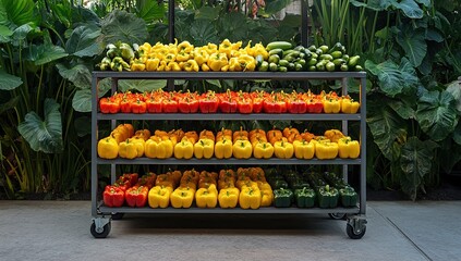 Vibrant Bell Peppers and Cucumbers on Display in Garden Setting, Showcase of Colorful Produce, Fresh Vegetables Arranged by Color, Healthy Food