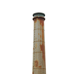 A rusted, aged industrial chimney isolated on a white background, highlighting decay and industrial impact. Generative AI