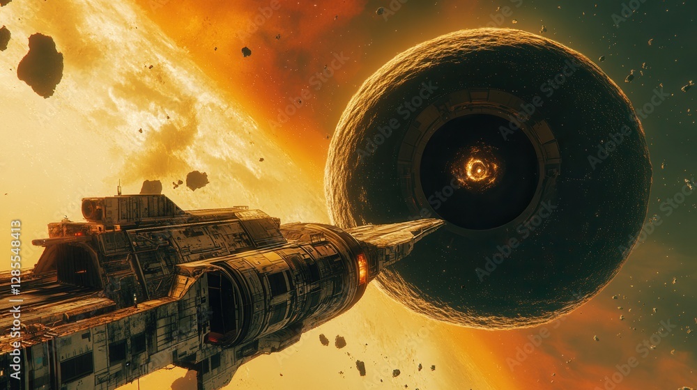 Wall mural futuristic spaceship approaching mysterious planetary structure amidst cosmic nebula and asteroids