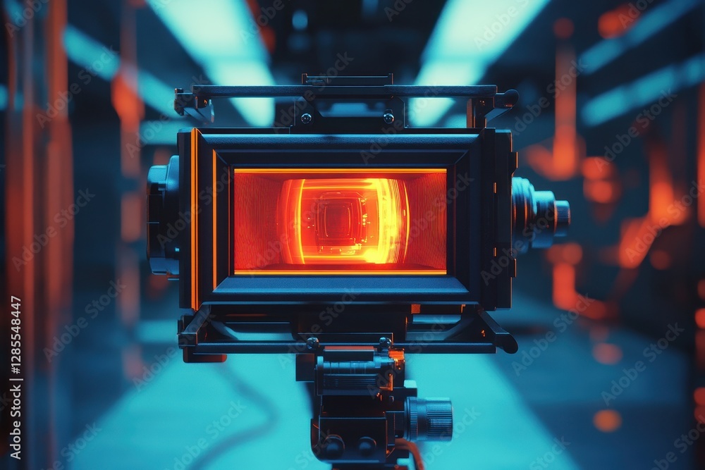 Poster illuminated video camera setup in a high-tech studio showcasing vibrant hues and intricate details, 