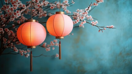 Chinese lanterns hanging with blossoms on a soft blue background create a serene atmosphere, perfect for celebrations and cultural events, capturing the essence of tranquility and beauty.