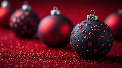 Elegant red and black Christmas baubles creating a festive holiday atmosphere against a vibrant red backdrop.