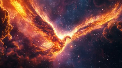 Obraz premium Majestic Phoenix Rising from the Stars in a Colorful Galactic Space Scene