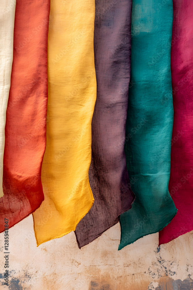Poster Vibrant Textured Fabric Display with Diverse Patterned Colors in Natural Light : Generative AI