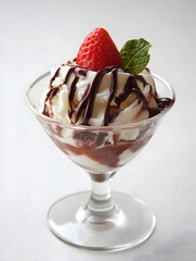 Irresistible Chocolate Sundae Topped with Fresh Strawberry and Mint Leaf : Generative AI