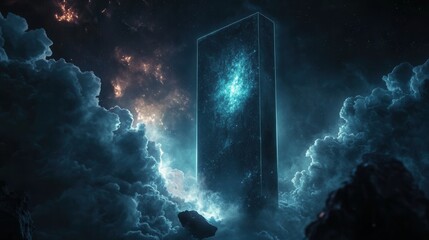 Obraz premium Mysterious Cosmic Monolith Surrounded by Ethereal Clouds and Stars in Deep Space Environment