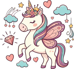 Adorable Unicorn with Butterfly Wings, Pastel Colors, Cute Design