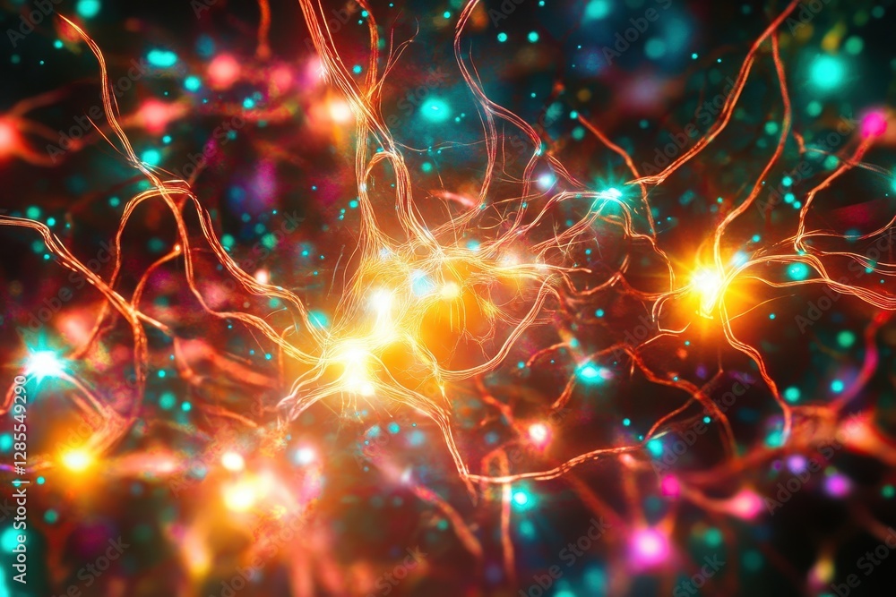 Poster exploring the vibrant connections of neural networks through glowing artificial intelligence, neural