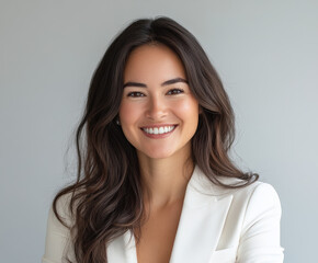 Fototapeta premium Professional smiling woman in business attire studio setting portrait photography bright environment close-up view confidence concept