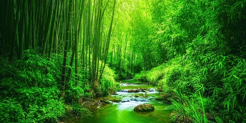 Fototapeta premium Stream of water flows through a lush green forest
