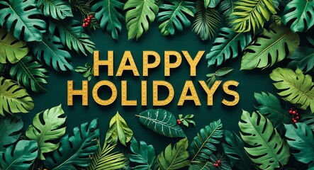 happy holidays lettering on jungle leaves background