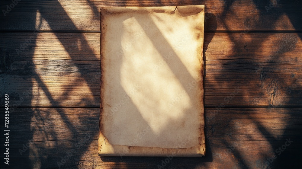 Poster vintage blank scroll on wooden table with natural shadow patterns from sunlight
