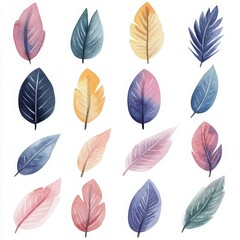 Pastel Watercolor Leaf Collection Soft Hues on White Background