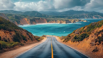 Embark on a scenic coastal highway road trip with crashing waves, a winding road along the coastline, blue ocean water, and dramatic cliffs