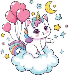 Adorable Unicorn Cat on Cloud with Heart Balloons Cute Fantasy Design