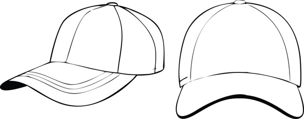 Flat casual pair of hat, cap line art, icon, sign, vector, mockup, template, technicalCAD drawing, fashion, illustration