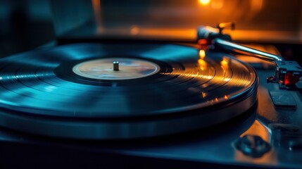 Vintage vinyl record player spinning a classic LP in a dimly lit room ambiance