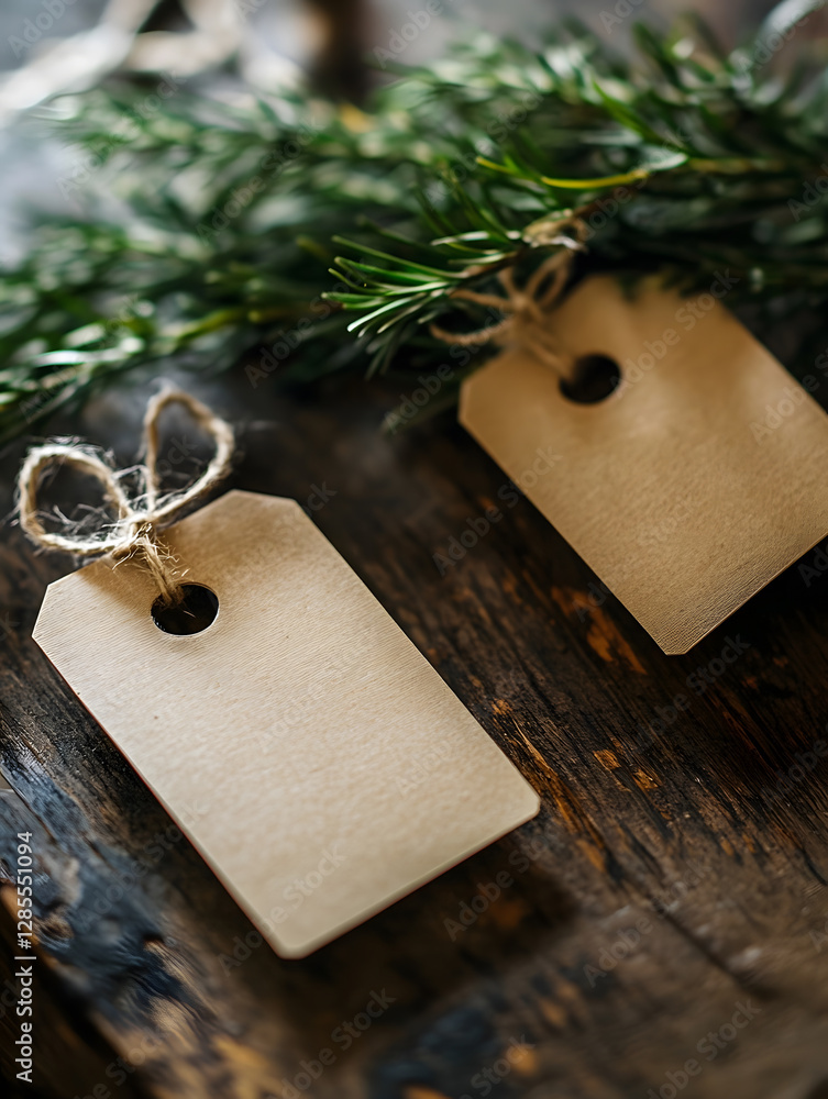 Poster rustic natural twine blank tags with evergreen sprig on dark wooden surface : generative ai