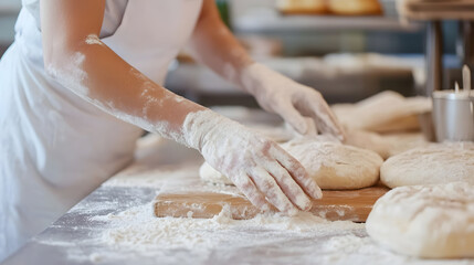 Baker Working with Fresh Dough on Wooden Table in Artisan Bakery : Generative AI