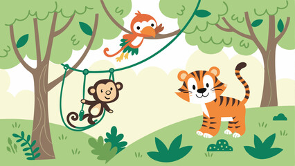 Obraz premium Monkey and bird on tree
