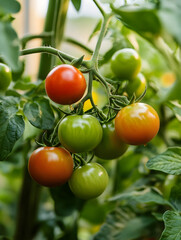 Vibrant Organic Cherry Tomato Cluster Among Lush Green Foliage in a Bright Garden Setting : Generative AI