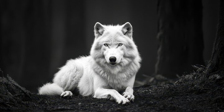 White wolf is laying on the ground