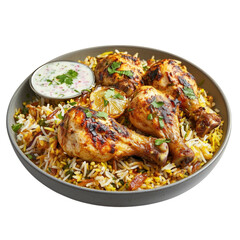 A delicious plate of chicken biryani with grilled drumsticks, aromatic basmati rice, and a side of raita. A perfect blend of spices for an authentic Indian dining experience.