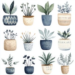 Twelve Watercolor Potted Plants in Blue and Beige Pots
