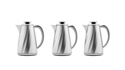 Gleaming stainless steel kettles with handles, a modern kitchen essential for boiling water and more