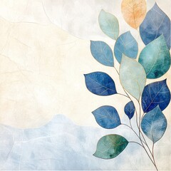 Marble Background with Blue and Green Leaves - Nature Inspired Wall Art Poster Design