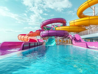 A waterpark with vibrant colorful slides