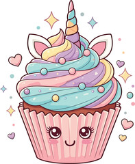 Adorable Unicorn Cupcake Design Pastel Colors, Kawaii Style, Whimsical Illustration