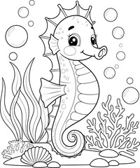Adorable Seahorse Coloring Page Cute Underwater Design with Bubbles